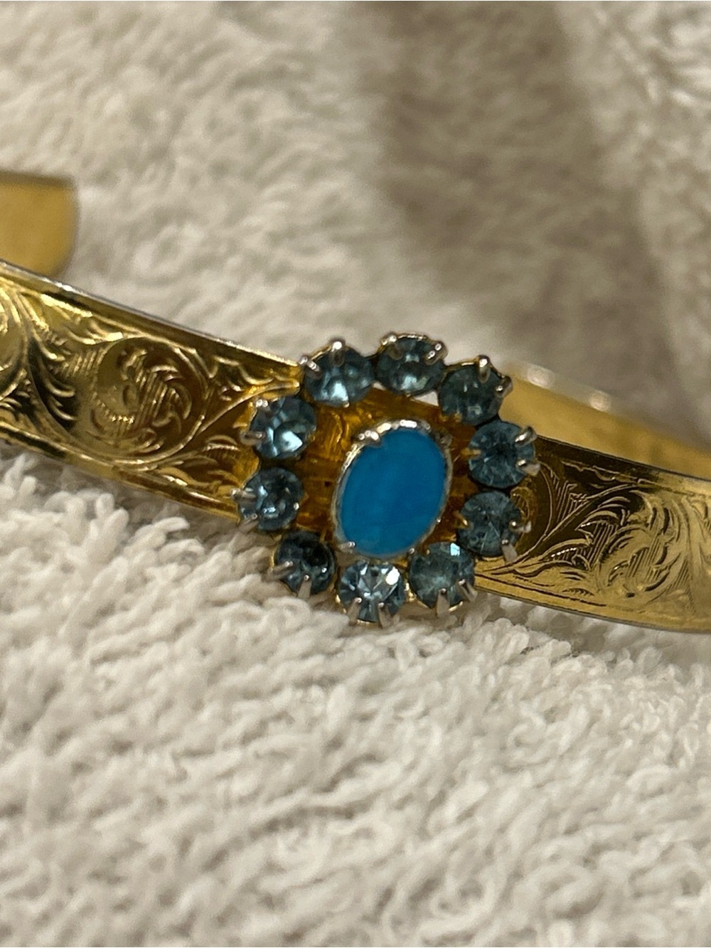 Vintage Child's Bracelet Religious,  Gold Tone blue gemstone engraved